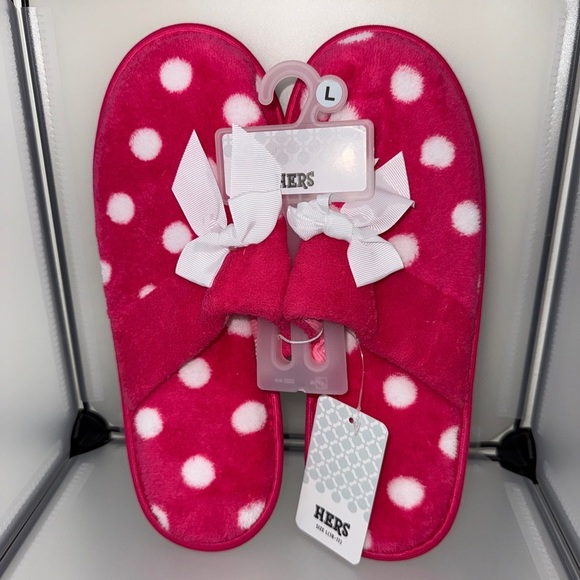Womens Slippers PINK w/ WHITE POLKA DOTS Slip On Rubber Sole L 10-11 - Picture 1 of 7